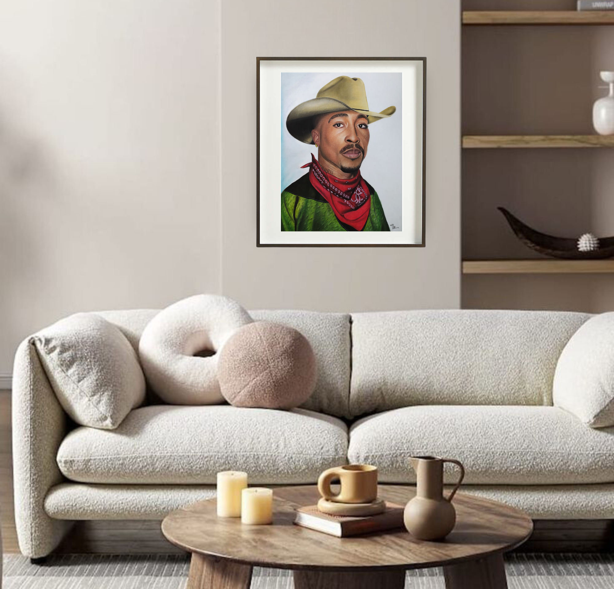 Cowboy Tupac, Original Portrait on Paper Queen Baeleit Art