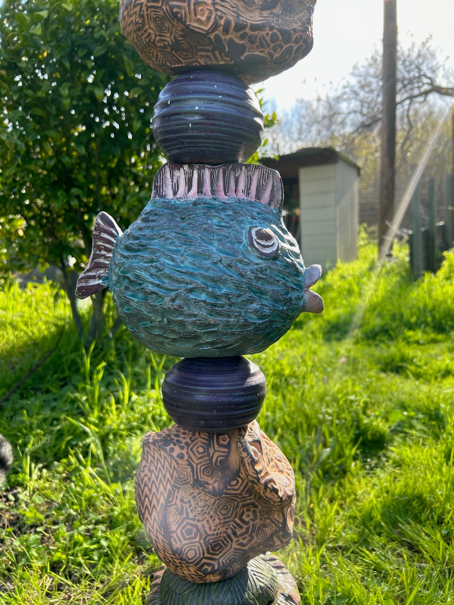 Large Fish Totem, Original Sculpture Queen Baeleit Art