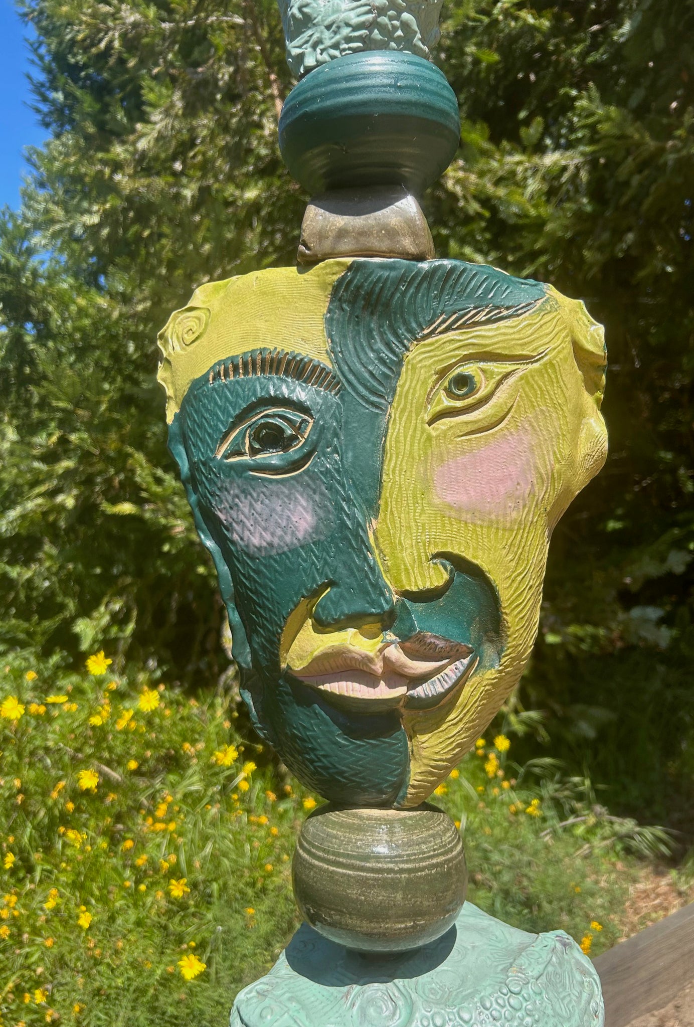 Large Green Face Totem, Original Sculpture Queen Baeleit Art