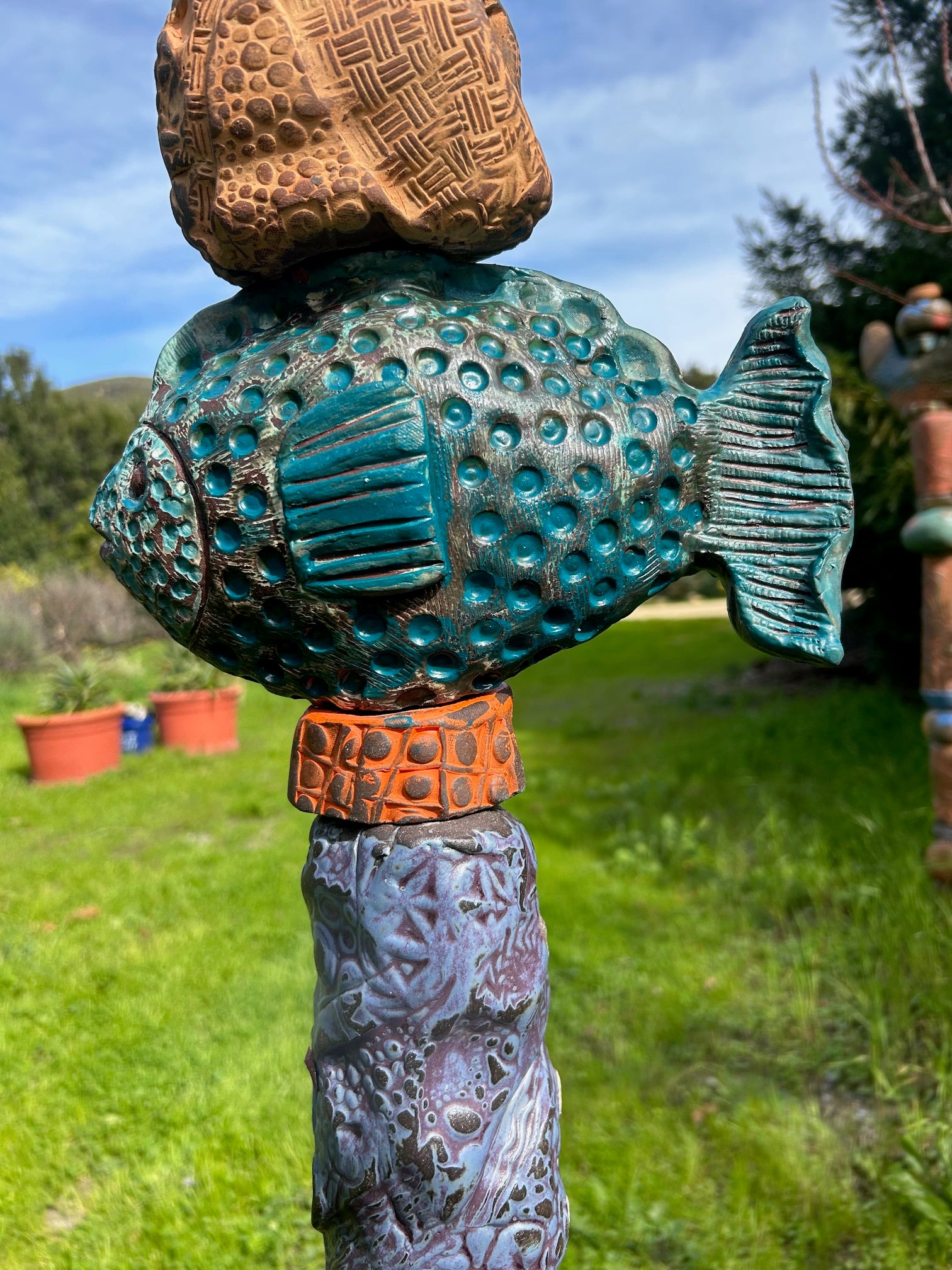 Large Fish Totem, Original Sculpture Queen Baeleit Art
