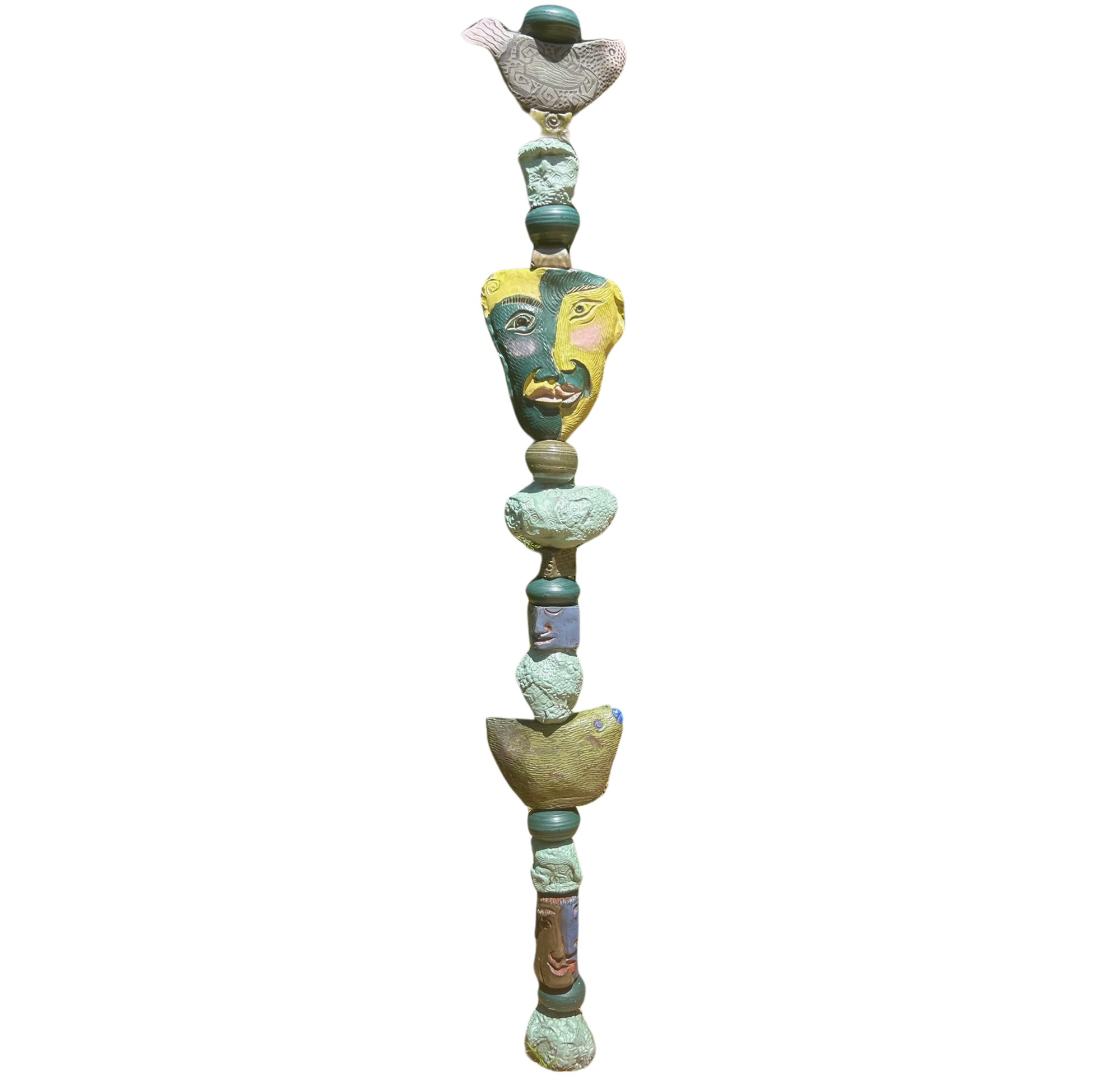 Large Green Face Totem, Original Sculpture Queen Baeleit Art