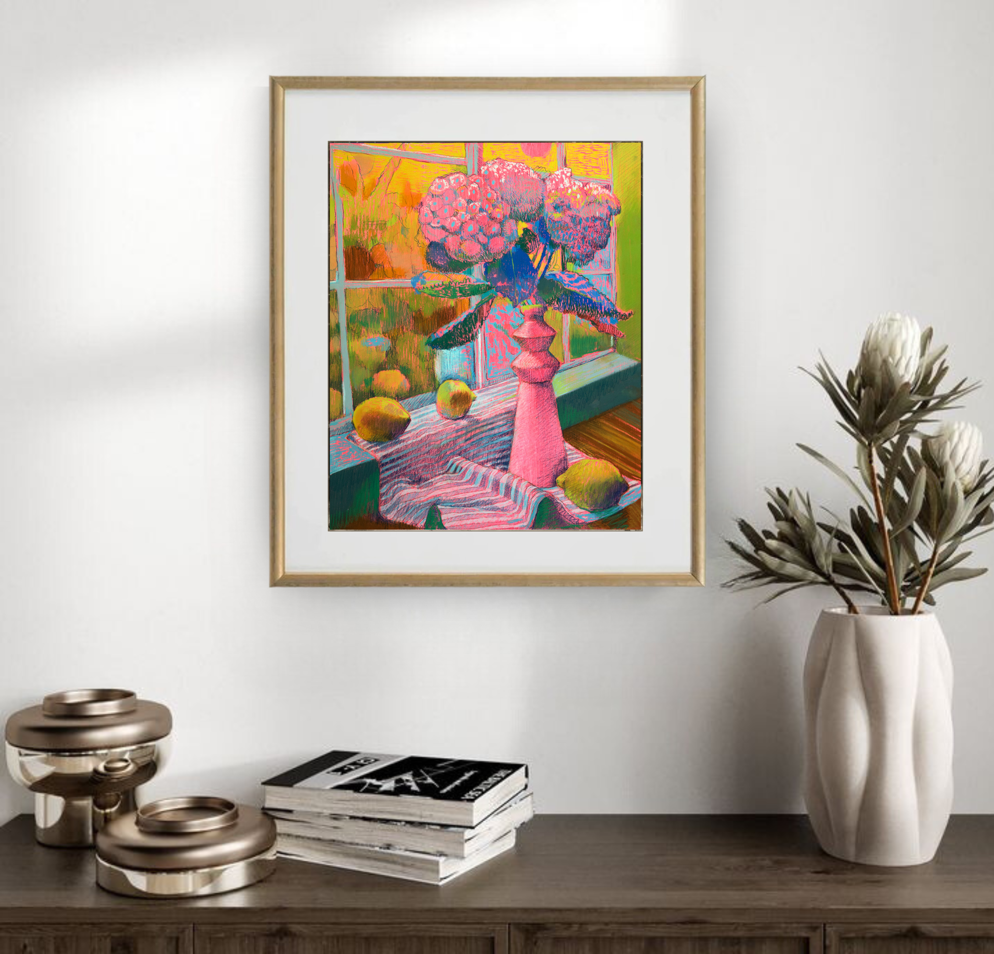 Pink Hydrangeas, Original Still Life on Paper Queen Baeleit Art