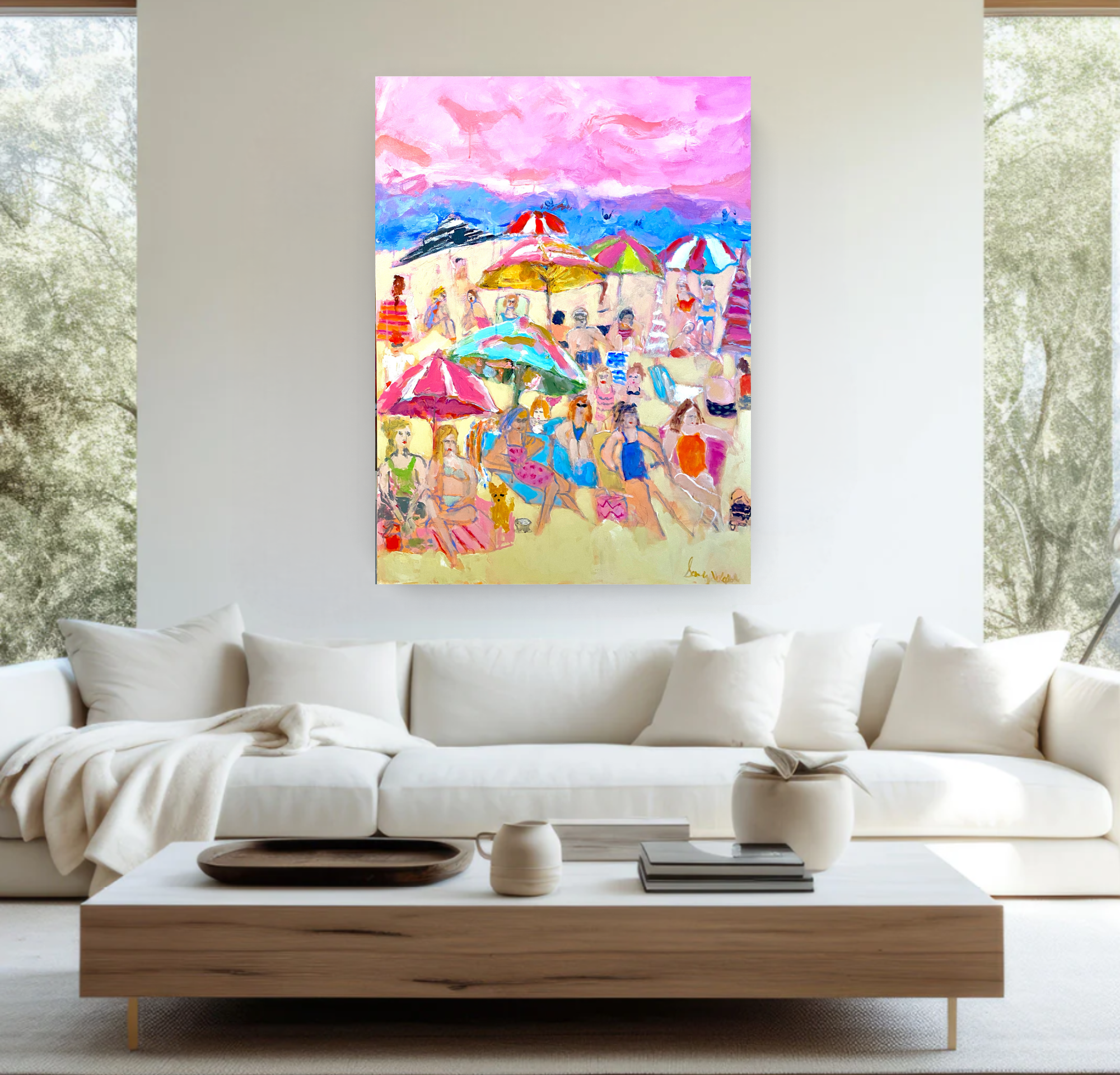 Pink Sky Beach, Acrylic Painting on Canvas Queen Baeleit Art