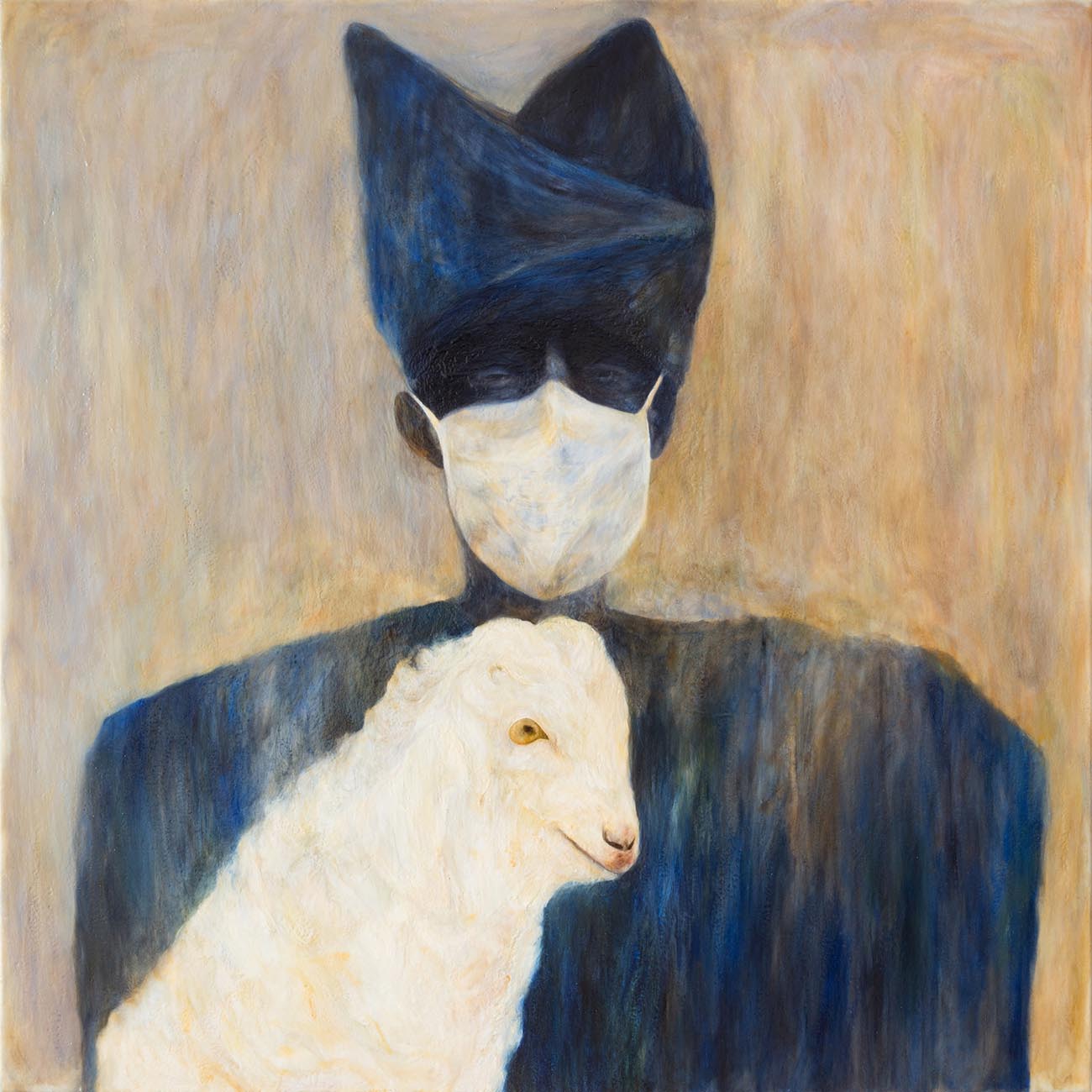 Woman with Goat and Surgical Mask, Original Portrait on Linen Queen Baeleit Art