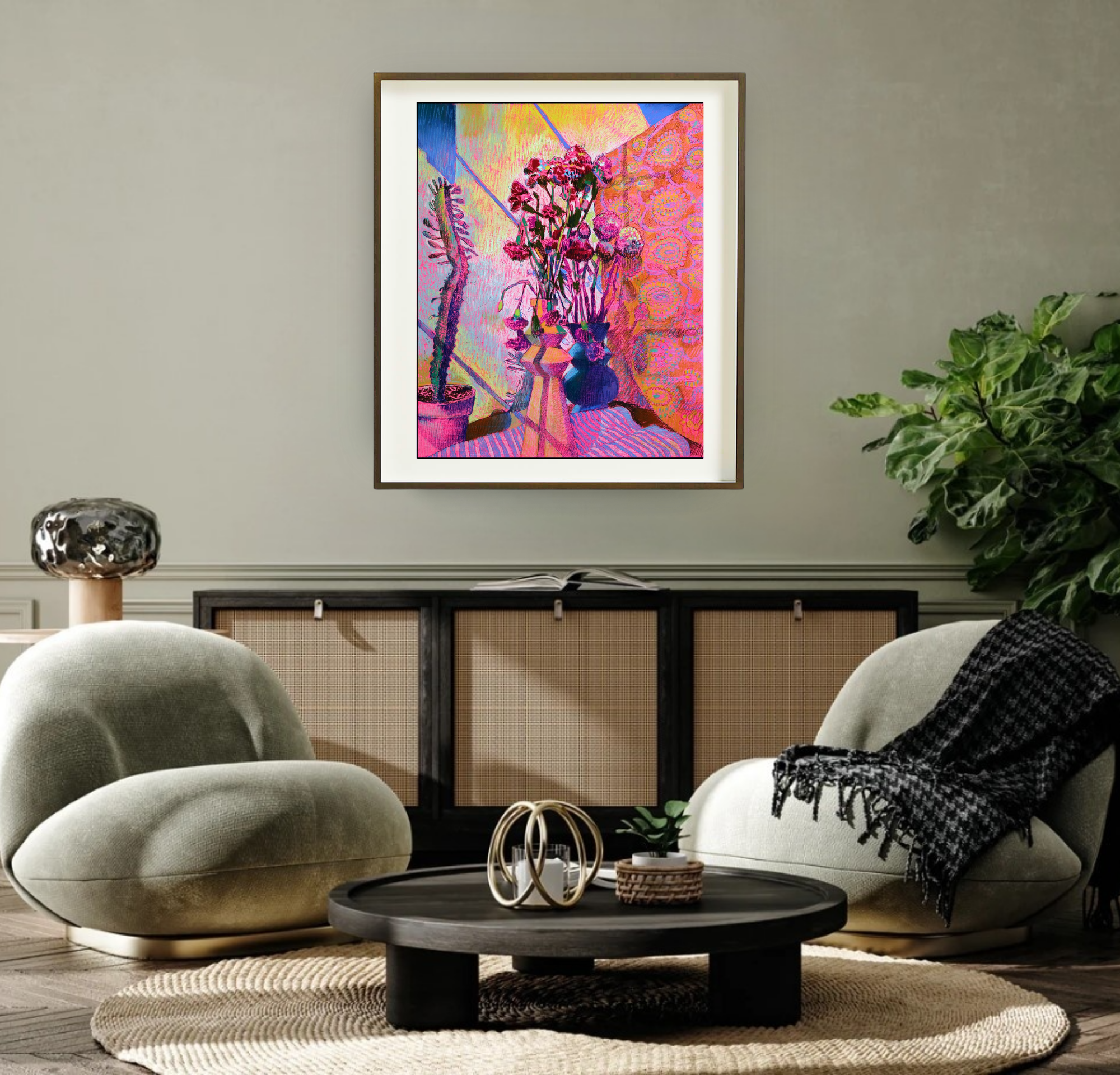 Pink Vase Pink Scarf, Original Still Life on Paper Queen Baeleit Art