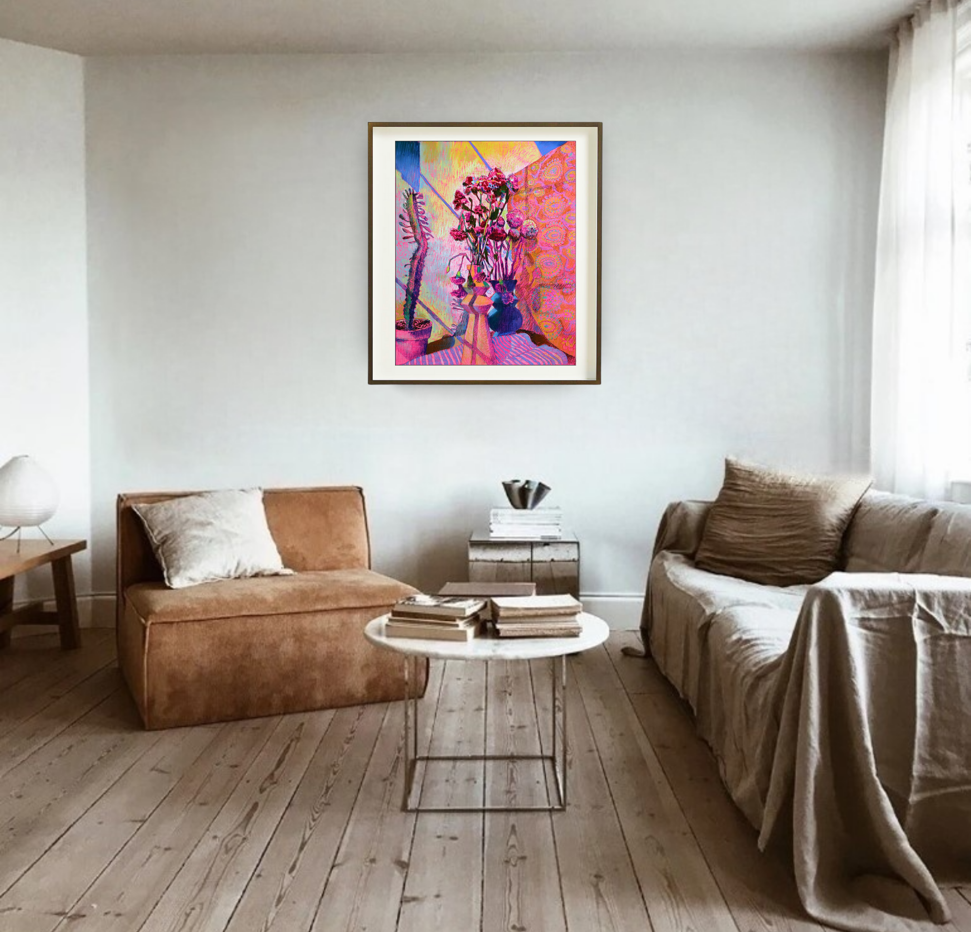 Pink Vase Pink Scarf, Original Still Life on Paper Queen Baeleit Art