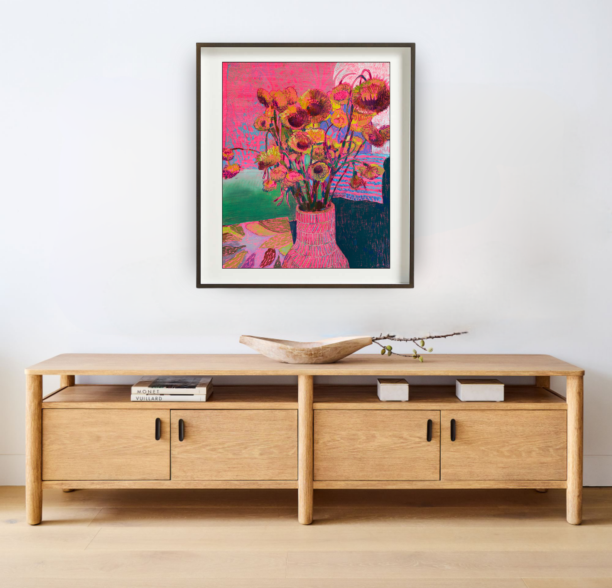 Pink Straw Flowers, Original Still Life on Paper Queen Baeleit Art