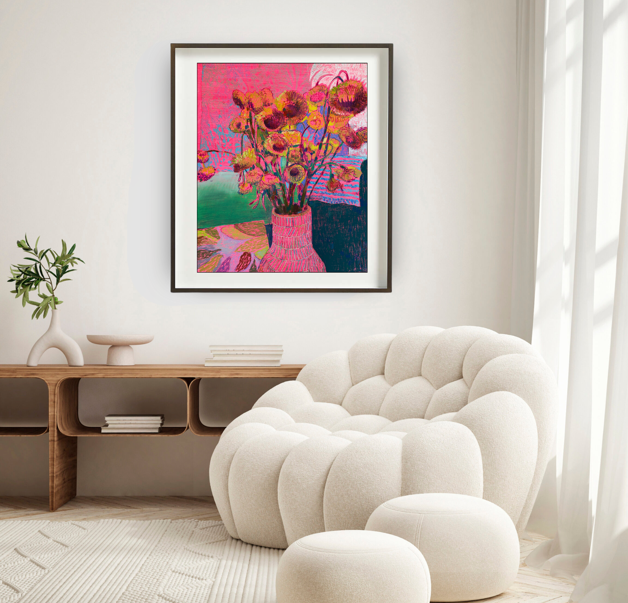 Pink Straw Flowers, Original Still Life on Paper Queen Baeleit Art