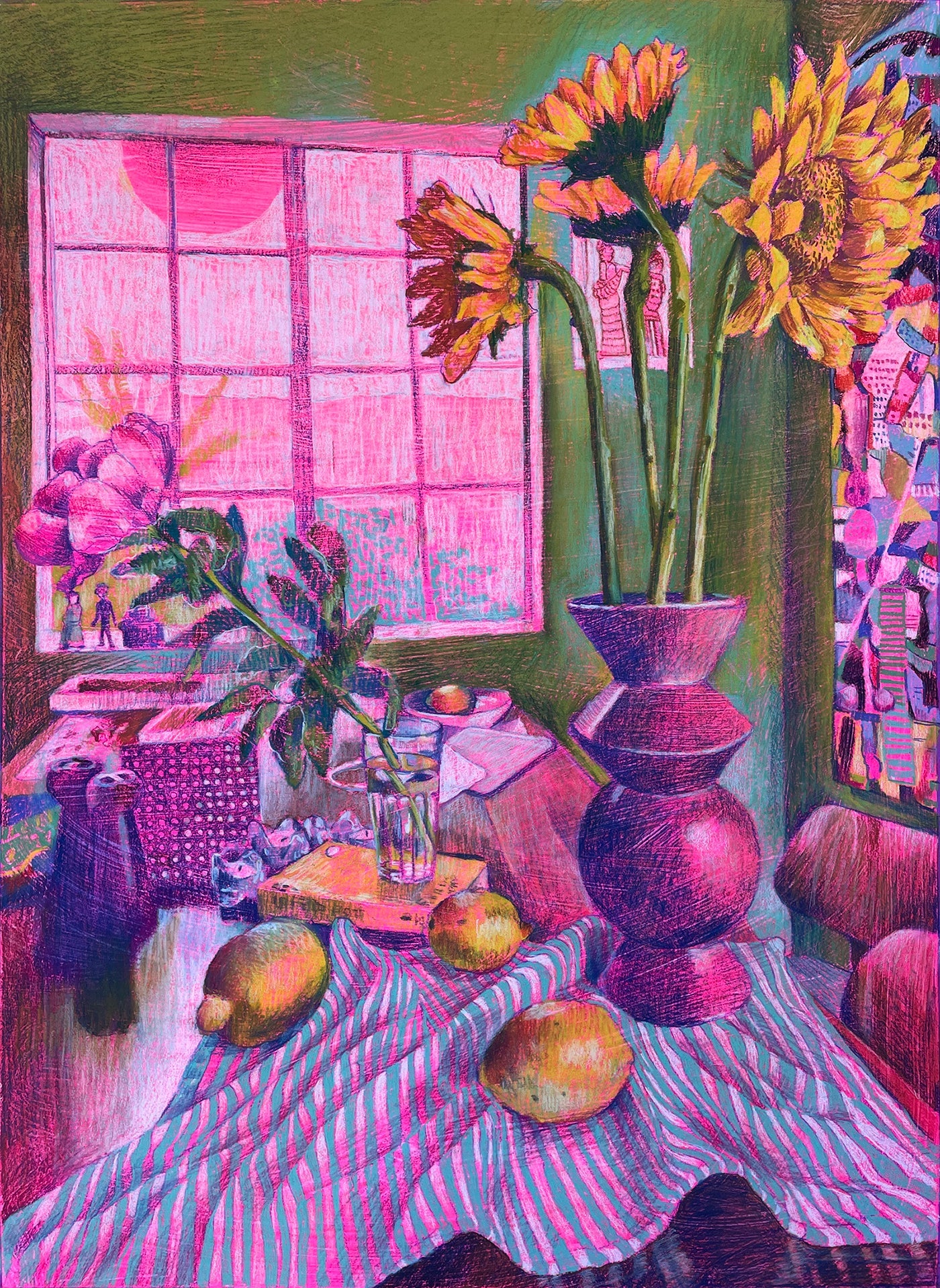 Pink Dining Table, Original Still Life on Paper Queen Baeleit Art