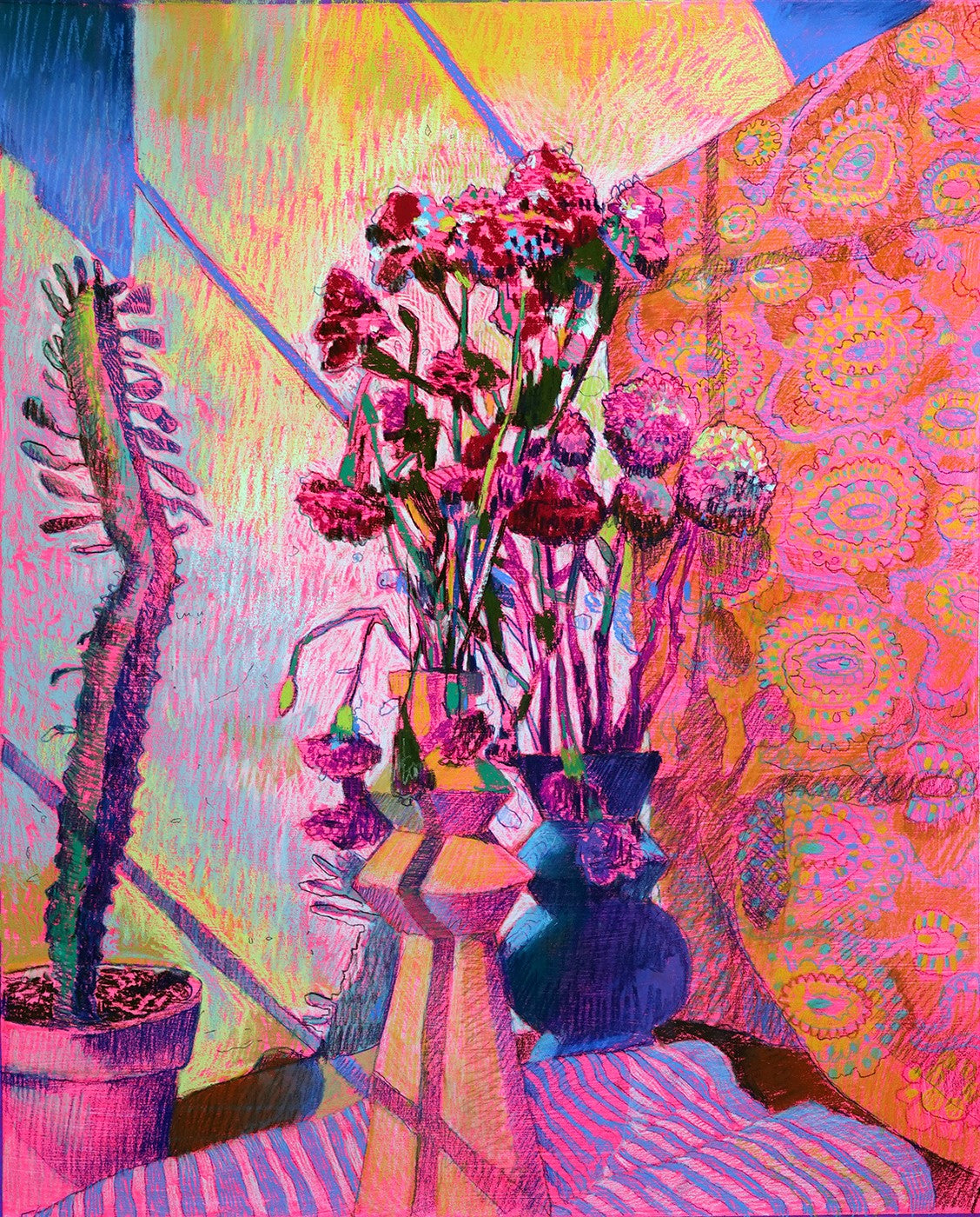 Pink Vase Pink Scarf, Original Still Life on Paper Queen Baeleit Art
