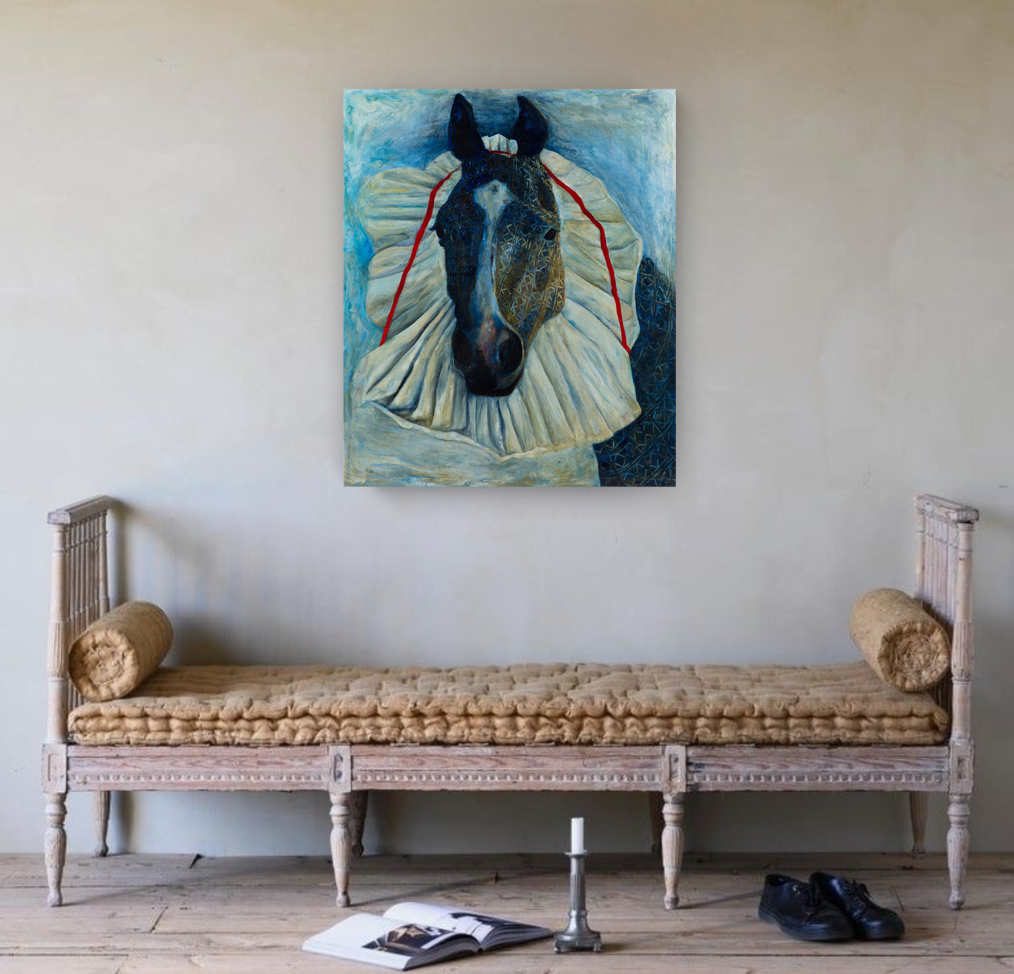 Pony with Pleated Headdress, Original Portrait on Linen Queen Baeleit Art